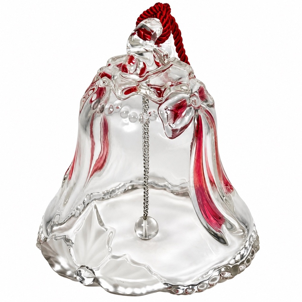 Vintage Clear Glass Christmas Bell Red Ribbon Bow Embossed Holiday Ornament 4.5"